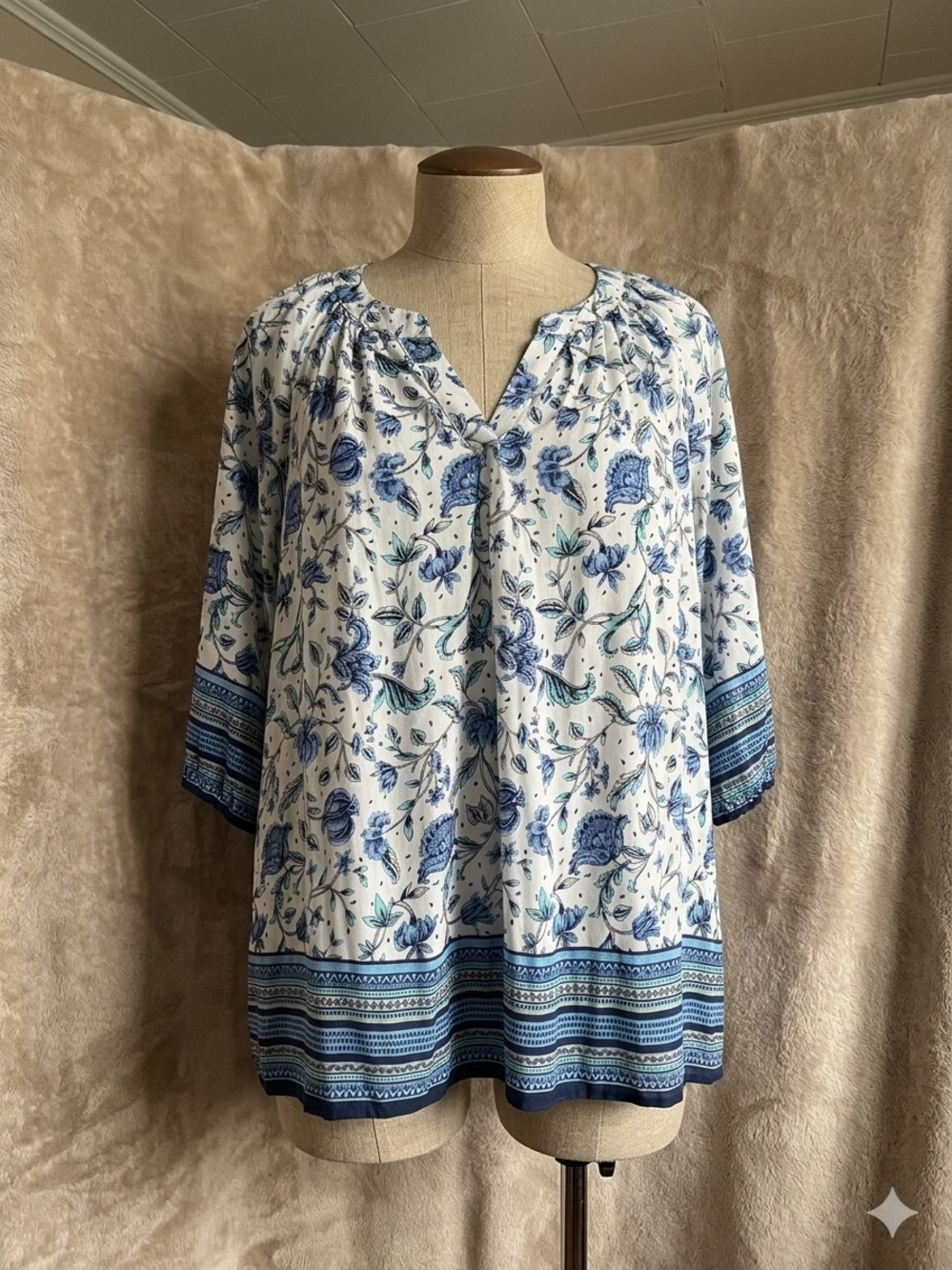 White & Blue Floral Peasant Top - Classic Lightweight Women's Blouse